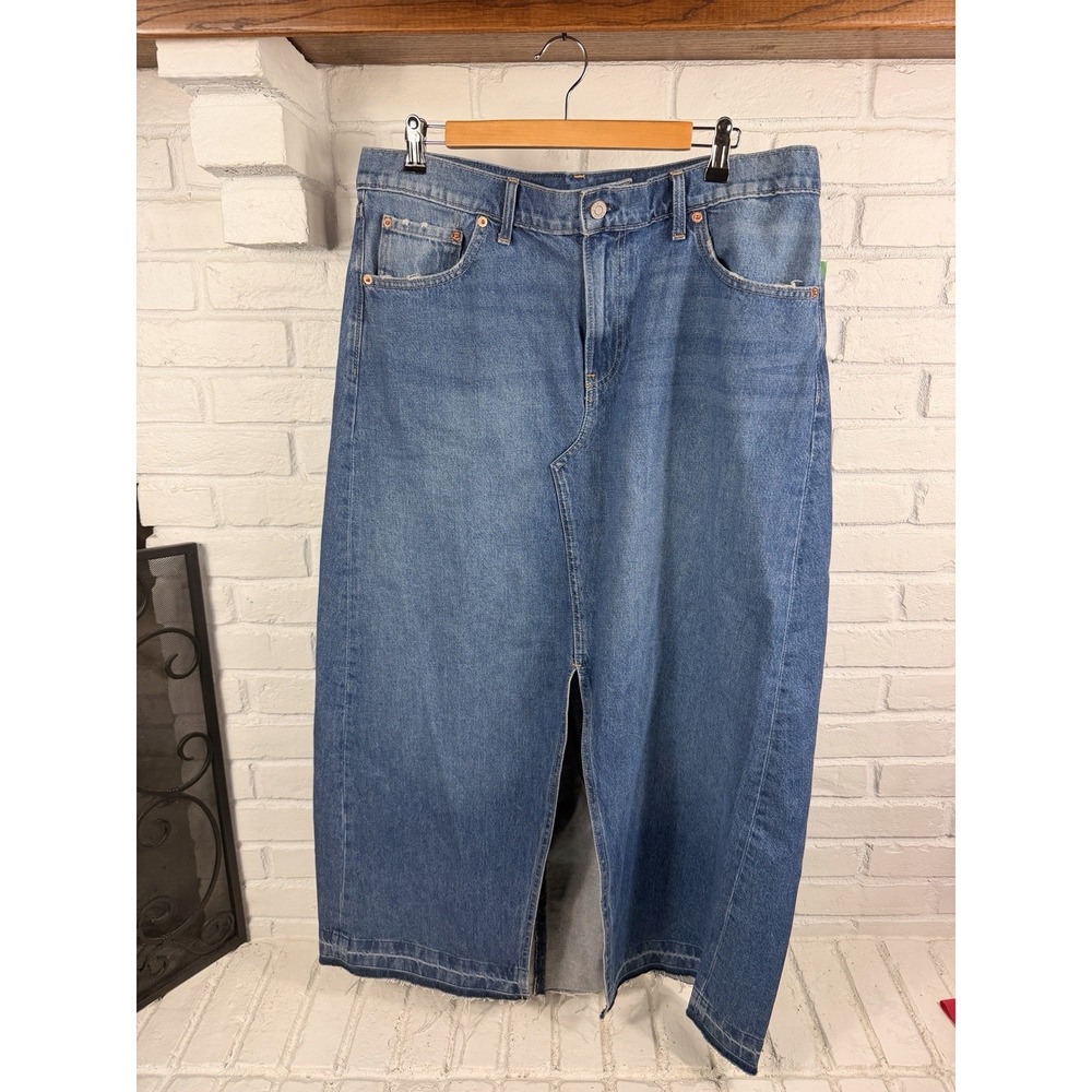 Gap Womens 16 33 Denim Midi Maxi Skirt Blue Raw Hem Front Slit NWT $79